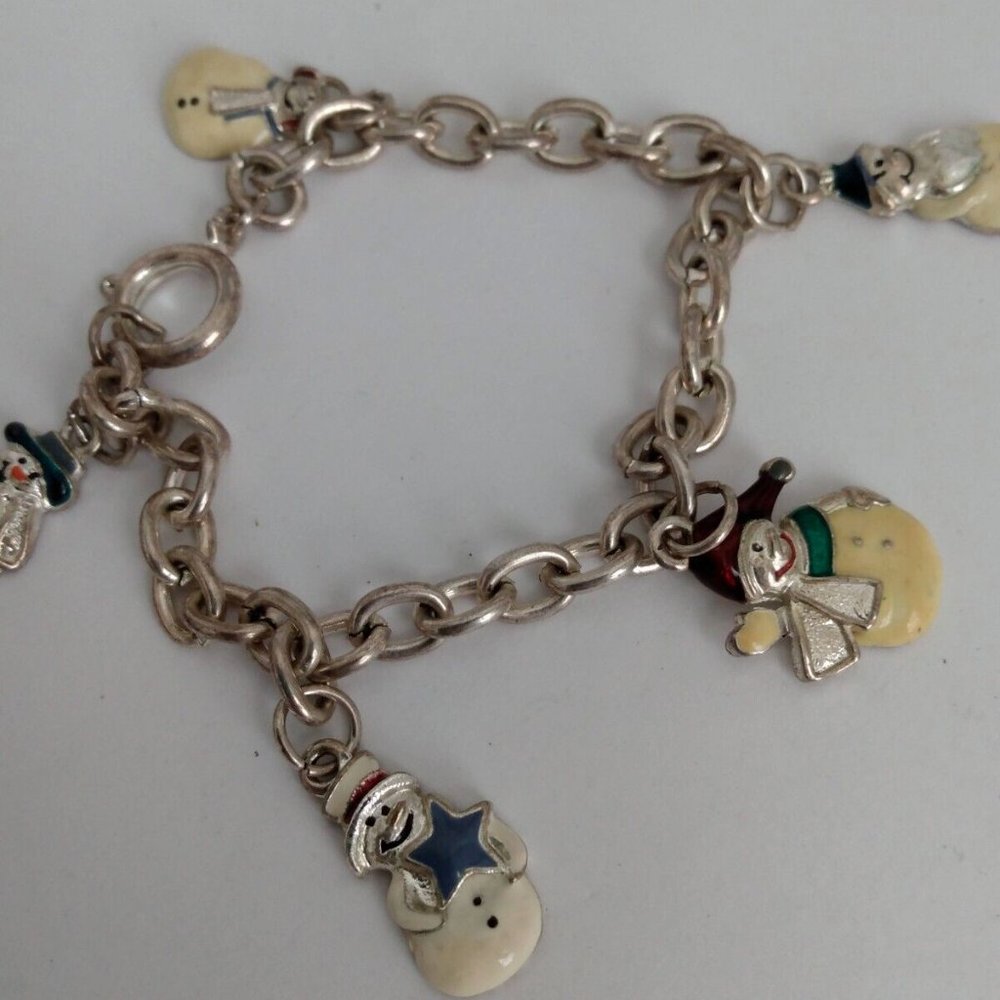 Creamy Enamel Snowman Charms Silvertone Chain Christmas Bangle Bracelet